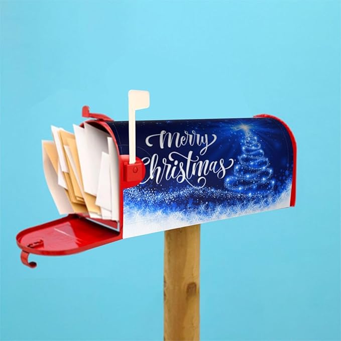 Mailbox Covers Merry Christmas Blue Snow Tree Magnetic Letter Post Box Cover Standard Size 21 x 18 Inch Garden Yard Home Decorative