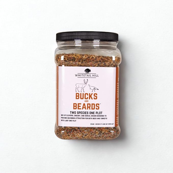Bucks and Beards Food Plot Seed Mix for Deer and Turkeys, 1/4 Acre or 2 Acres, Two Species One Plot, Mix of Clovers, Chicory, and Cereal Grains, Maximum Attraction