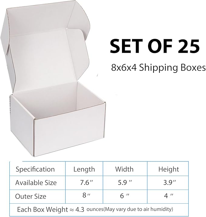 Small Shipping Boxes 8x6x4 Inch (25 Pack) - Sturdy White Corrugated Cardboard Boxes for Small Business, Ecommerce, Mailing & Packaging | Recyclable Gift & Storage Boxes