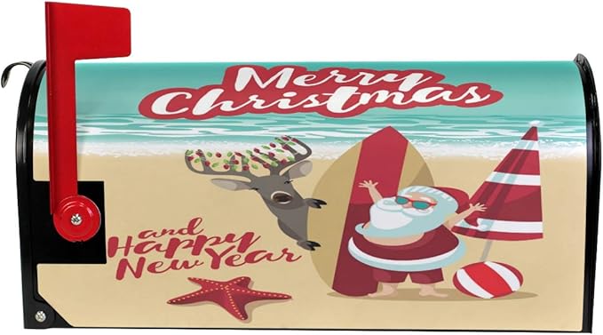 WOOR Santa Claus at The Beach Christmas Magnetic Magnetic Mailbox Cover Standard Size for Garden Yard Outdoor Decorations-18 x 20.8"