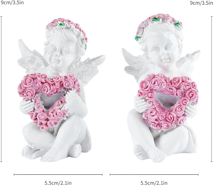 2-Piece Angel Figurines with Rose Heart - Handmade Resin Home Decor, Indoor Outdoor Angel Statues, Desktop Ornaments, Ideal Blessing Gift for Parents & Friends