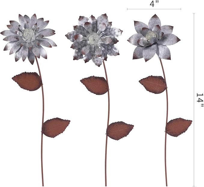 Metal Floral Garden Stake Outdoor Glow in Dark Silver Plant Pick Water Proof Metal Flower Stick Décor for Lawn Yard Patio,3 PCS