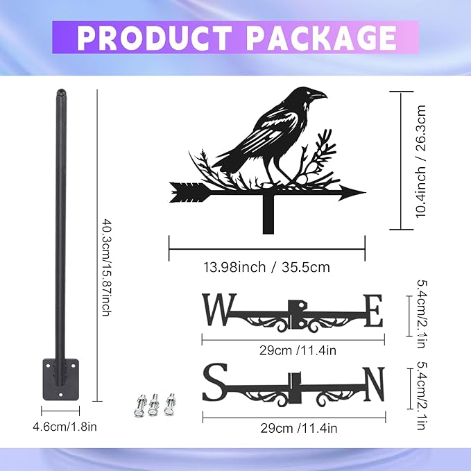 Crow Weathervane Metal Wind Vane Weathercock Garden Decoration Wind Direction Indicator Stake Roof Mount Ornament for Farmhouse Yard Outdoor