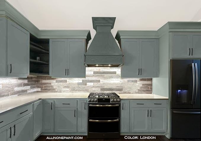 ALL-IN-ONE Paint, Durable cabinet and furniture paint. Built in primer and top coat, no sanding needed. Includes our 30 featured color card - London (green gray), Quart