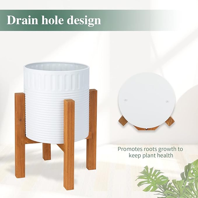 2-Piece White Metal Planter Set with Wood Stand, Indoor Mid Century Modern Planters with Drainage, 8" & 10"