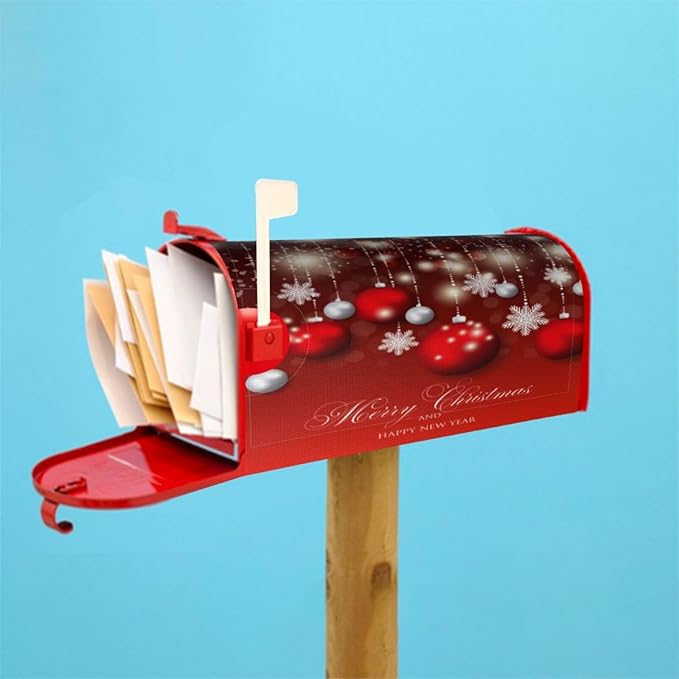 Christmas Mailbox Covers Red Glitter Snowflake Ball Magnetic Letter Post Box Cover Standard Size 21 x 18 Inch Garden Yard Home Decorative