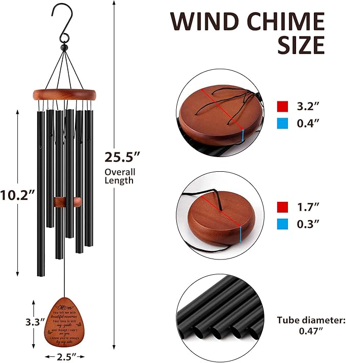 Memorial Gifts for Loss of Mom,Memorial Wind Chimes 25'', Sympathy Gifts for Loss of Mother, Home Decor Outdoor Garden, Soothing Melodic Tones with Mute Option
