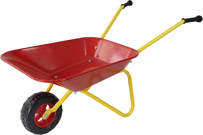 Red Metal Wheelbarrow, Easy Loading and Dumping Garden Cart with Steel Tray, Durable Heavy Duty Utility Trolley for Transporting Leaves, Soil, Sand, and More (1 Wheel)