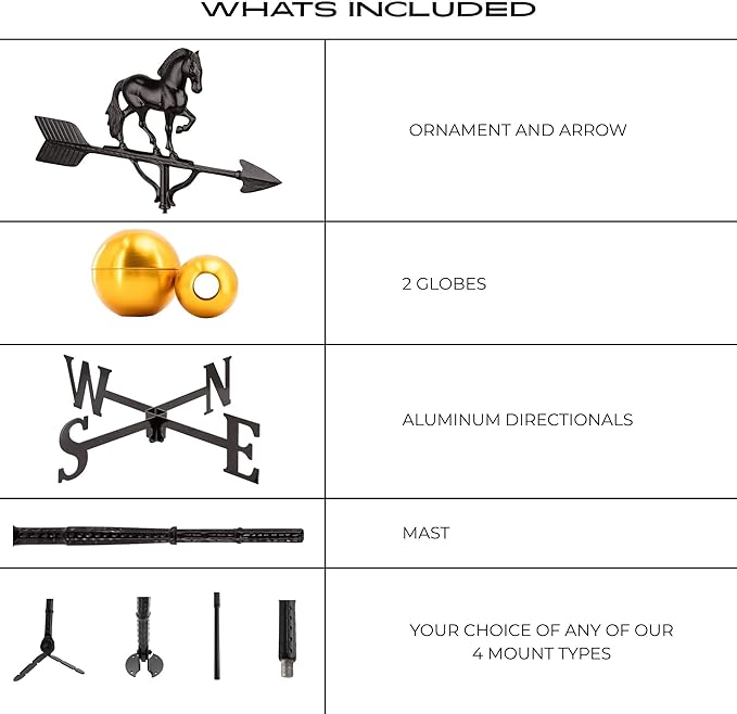 Montague Metal Products - Aluminum Deluxe 3D Horse Weathervane - Wind Vane Roof Metal Decor - Mount Included (4 to Choose from) - Hand Cast Aluminum (Black)