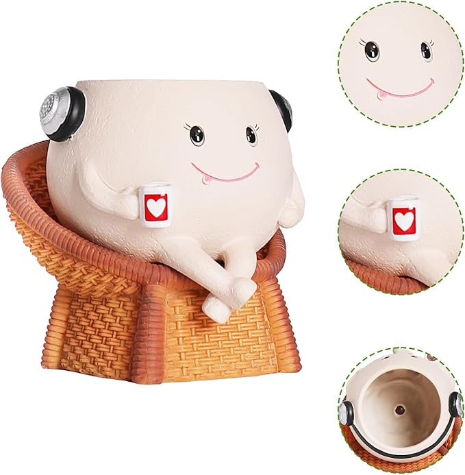 Unique Face Planter Pots with Drainage Hole Cute Sitting Chair Plants Pot for Indoor Outdoor Funny Head Planters for String of Pearls Plant Live Gift Ideas for Mother, Christmas