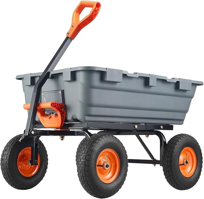 Garvee 800 LBS Poly Garden Dump Cart, Heavy-Duty Wheelbarrow with 10 in Tires, 180° Rotating Handle, Steel Frame and Quick Release System Garden Dump Cart for Soil Plants Gardening Tools Wood