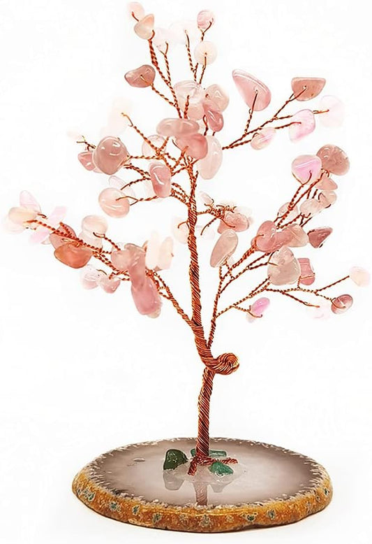 Quartz Crystal Feng Shui Money Tree Natural Agate Flakes Geode Base Bonsai Style Decoration for Luck and Wealth 3.6"- 4.6" (Pink)