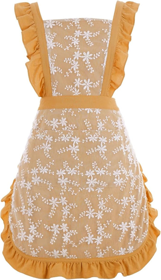 Vintage Pinafore Apron Dress for Women with Pockets Cute Floral Chef Aprons for Kitchen Cooking Baking Gardening