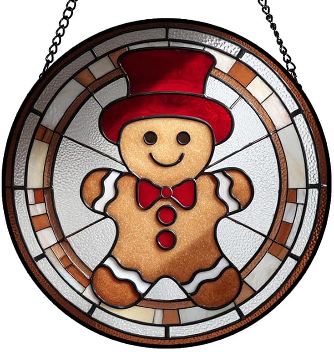 Stained Glass Window Hanging – 6.3 in Gingerbread Man Panel with Chain， Bathroom Front Door Living Room Garden Decor， Christmas for Mom Wife Lovers