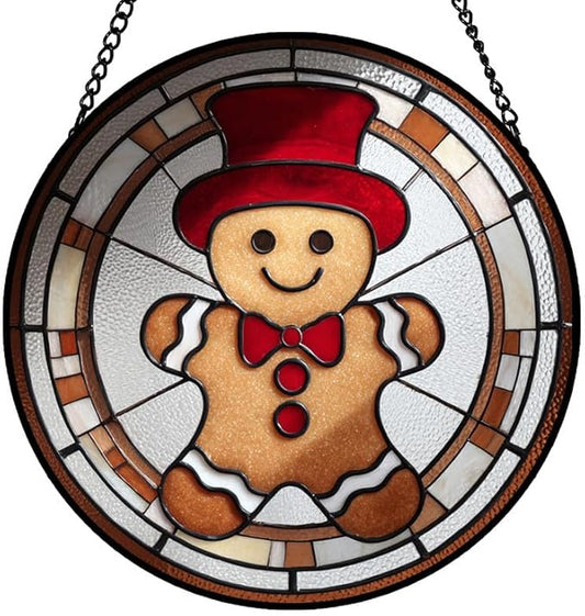 Stained Glass Window Hanging – 9.8 in Gingerbread Man Panel with Chain， Bathroom Front Door Living Room Garden Decor， Christmas for Mom Wife Lovers
