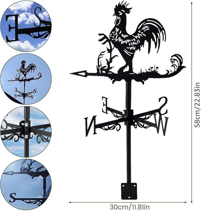 Metal Rooster Shape Weathervane, Roof Mount Weather Chicken Wind Vane Direction Indicator,Outdoor Scene Garden Chicken Weather Vane Ornament for for Shed Farmhouse Yard Patio Decor (Rooster)