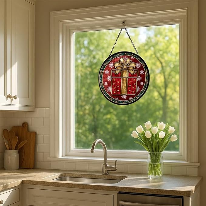 Stained Glass Window Hanging – 7.8 in Box Panel with Chain， Bathroom Front Door Living Room Garden Decor， Holiday Present Gift for Mom Wife Lovers