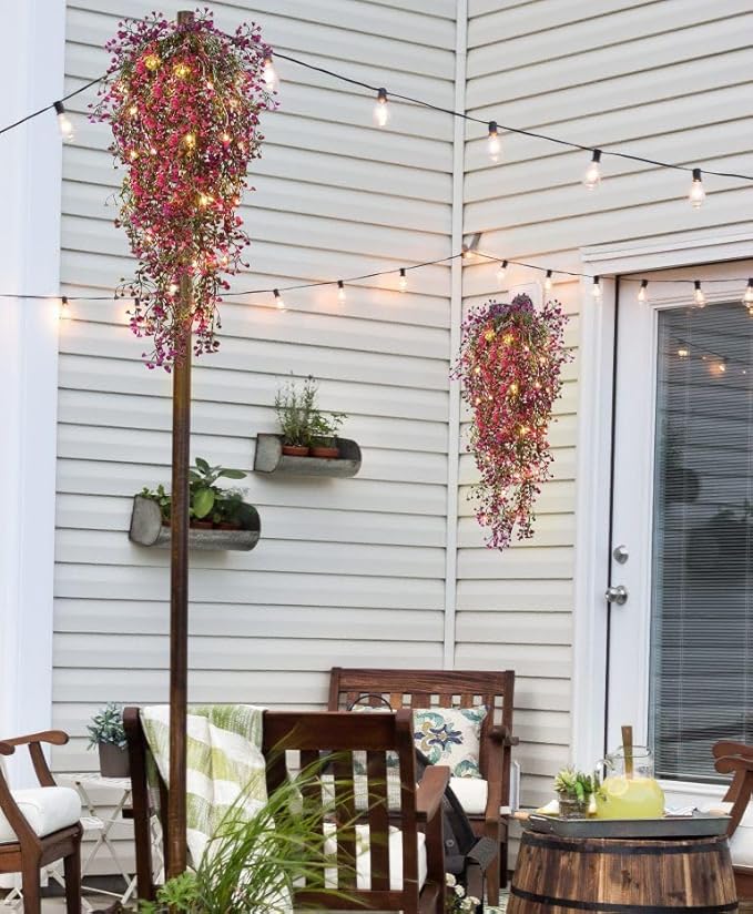 RECUTMS 4Pcs Fake Ferns Artificial Hanging Plants with 30 LED Lights Ivy Flowers Large Faux Hanging Plant for Indoor Outdoor Room Garden Porch Wedding Party Decorations (Fuchsia)