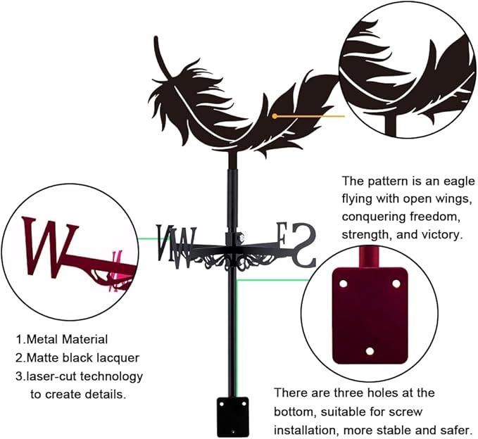 SUPERDANT Feather Weather Vane for Roof Mount Metal Weathervane Wind Vanes for Outside Roof Decor Black Wind Decorative Signs for Farmhouse Yard Farm Barn Sheds Garden Patio Decorations