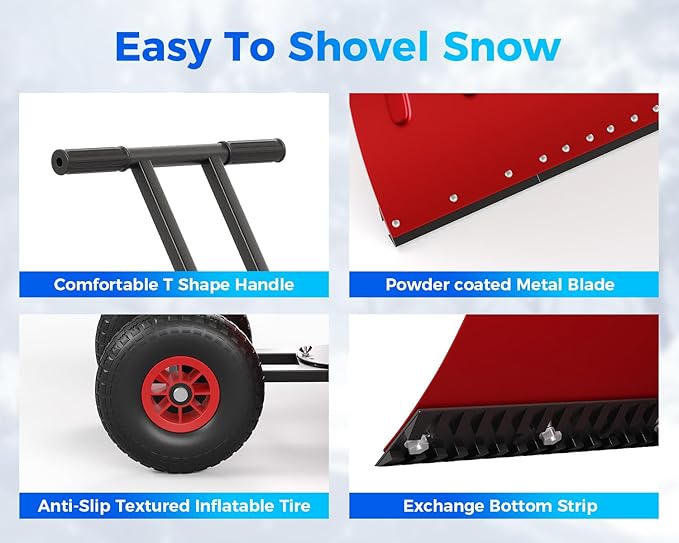 Garvee 29" Snow Pusher Shovel with Wheels,Heavy Duty Steel Snow Shovel with Wheels,Angled Blade Efficient Snow Removal With5-Position Angled Blade & Adjustable Handle for Doorway, Sidewalk, Red
