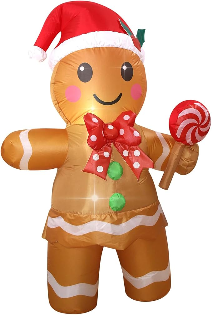 Christmas Inflatables Gingerbread Man Girl Lighted Yard Lawn Inflatable Decoration with Built-in Fan and Stakes Ropes Holiday Party Decor, Christmas Decor (5FT-Gingerbread Girl Holds Candy)