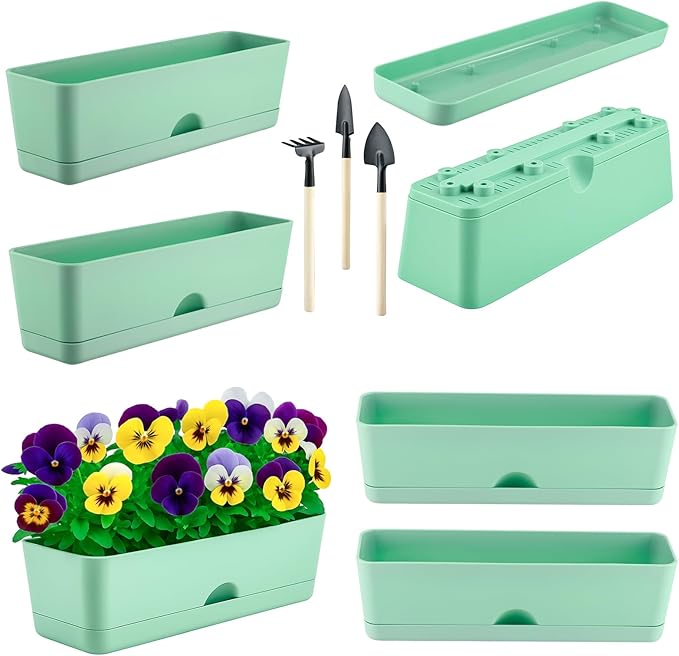 6-Pack Large Window Boxes Planters 16 Inch Rectangle Plant Box Rectangular Plant Pots for Outdoor and Indoor Plants Plastic Windowsill Planter for Herbs Vegetable Flowers Long Window Sill Planters