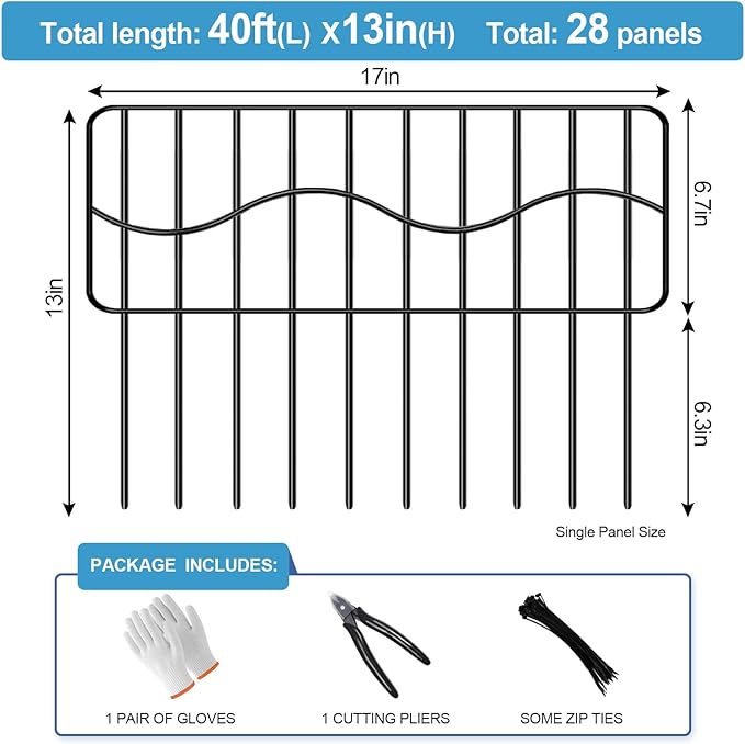 40ft(L) x 13in(H) Garden Animal Barrier Fence, 28panels No Dig Fences, Small Dog Fence Barrier, Animal Barrier Rabbit Fencing Rustproof Metal Decorative Border for Outdoor Garden