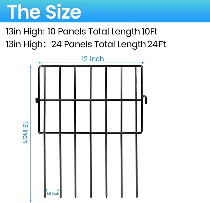 Garden Fencing Animal Barrier 24 ft(L)×13 in(H), 24Panels No Dig Fence, 1.5" Gap Underground Critter Barrier for Decks, Pet Dog Digging Fence Barrier. Rust-Proof Metal Black Fence Stakes