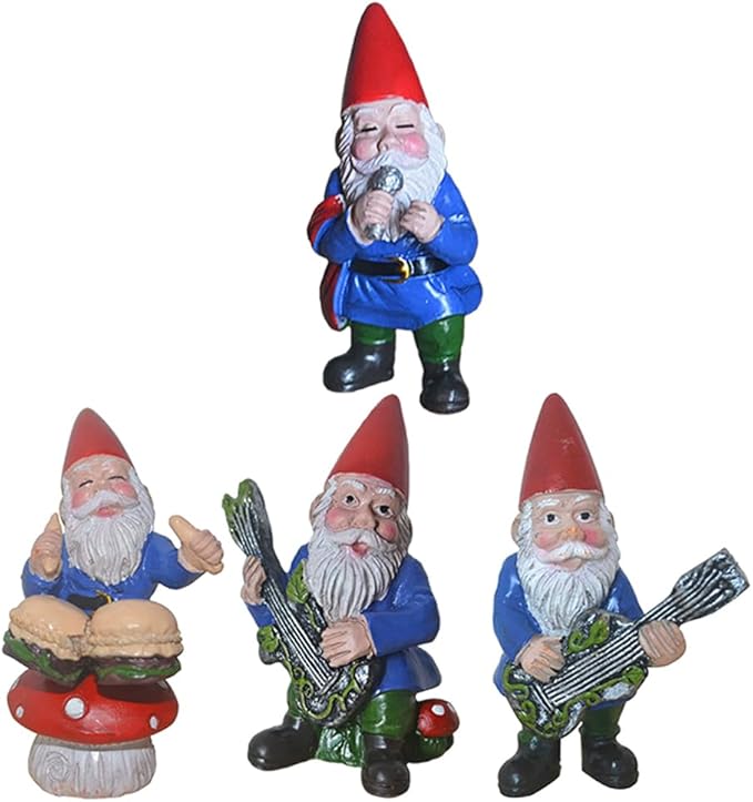 SUPVOX Gnomes Fairy Resin Statues: Happy Gnomes Dancing Celebration Musical Band Garden Gnome Set Mini Gnome Statue Miniature Fairy Gardens Micro Landscape Dwarfs Statue Ornaments 4pcs