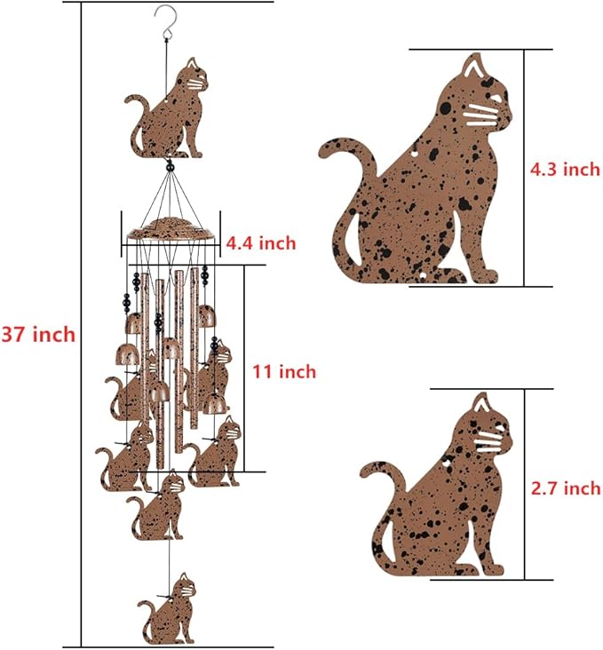 Outdoor Cats Wind Chimes Indoor Decor - Hand-Made Mobile Romantic Brown Wind Catcher, 36" Cat Wind Bells for Home, Balcony, Patio, Garden Festival Decoration, Gift for Mom(4 Tubes, 6 Bells, 7Cats)