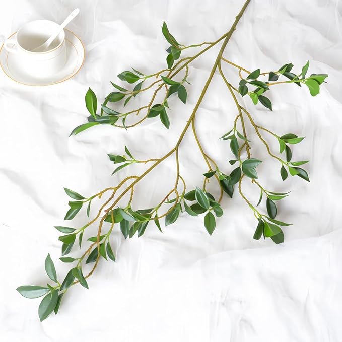 MeDecor 3Pcs Artificial Plants Greenery Stems, 43.3" Tall Faux Ficus Plant Spring Summer Twig Branches Fake Green Plants Stem for Vase Home Party Wedding Garden Office Decorations