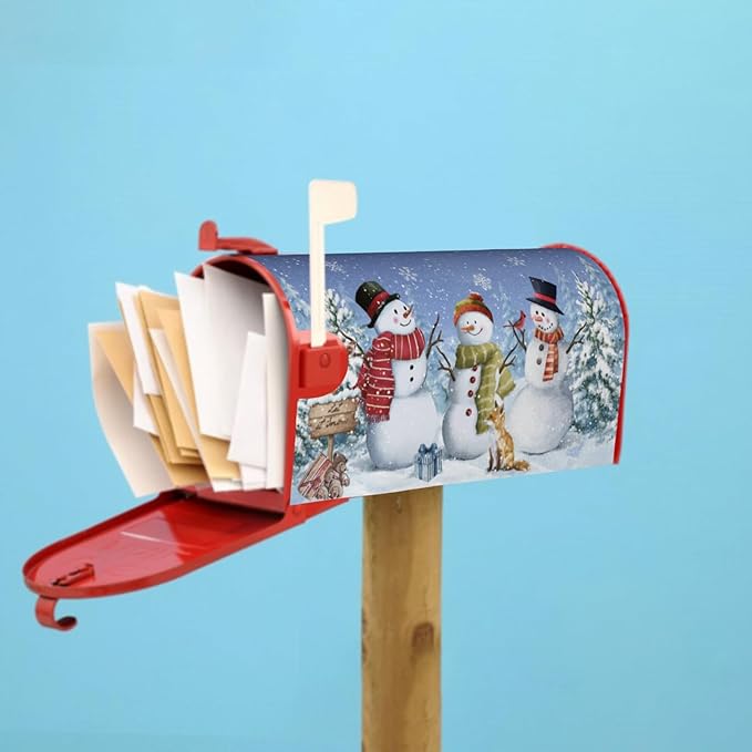 Winter Blue Mailbox Covers Magnetic Standard Size 18 x 21 Inch Snowman Tree Fox Bear Letter Box Cover Outdoor Mail Wraps Cover for Garden Home Yard Decor