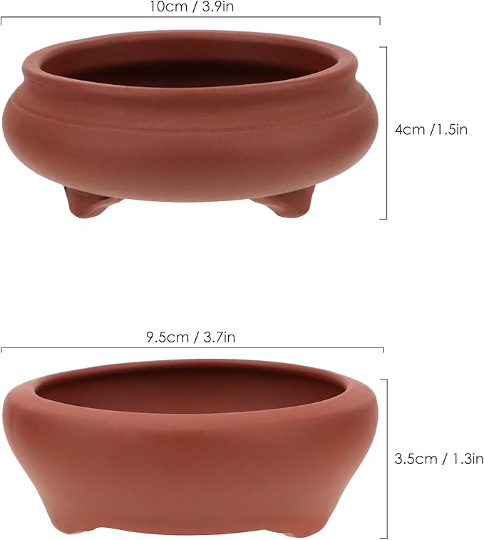 Bonsai Planter 2 pc 3.7" + 3.9" Unglazed Round Ceramic Succulent Pots Set