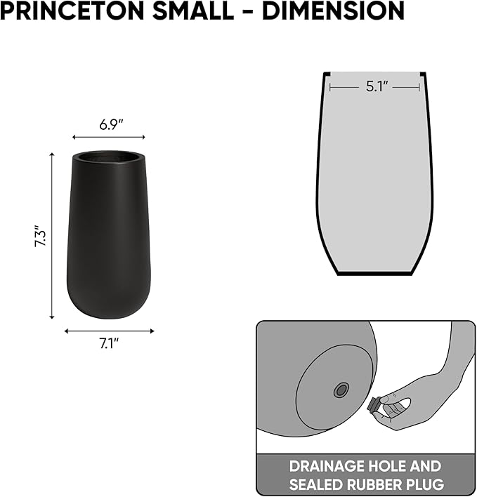 DTY Signature Mount Princeton Tall Planter - Small Black 7.3 Inch Height Modern Indoor & Outdoor Fiberstone Planter for Outdoor Plants