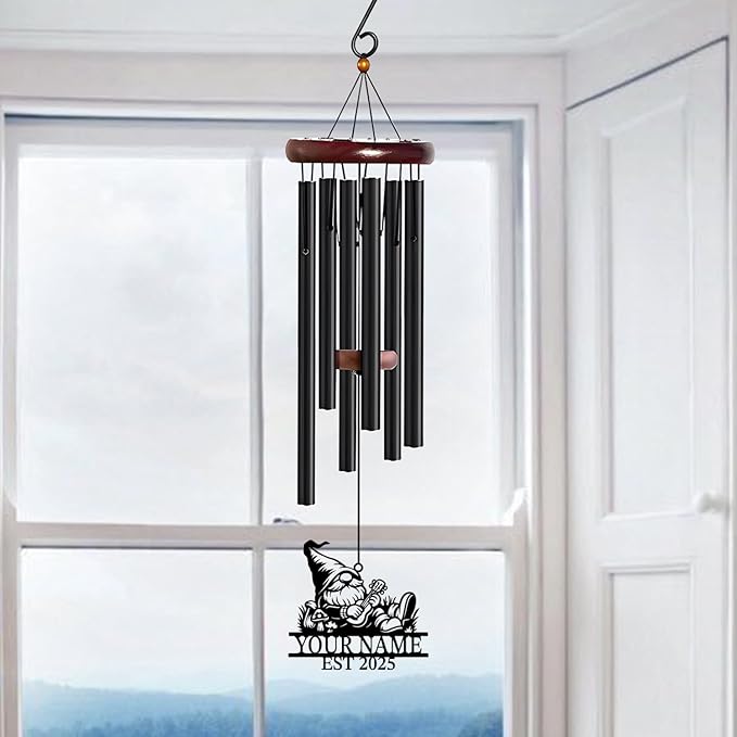 Personalized Customize Name Gnome Wind Chime, Metal Iron 37 Inch Outdoor Memorial Gift for Garden Yard Patio Home Decor, Black，Christmas (Style B)