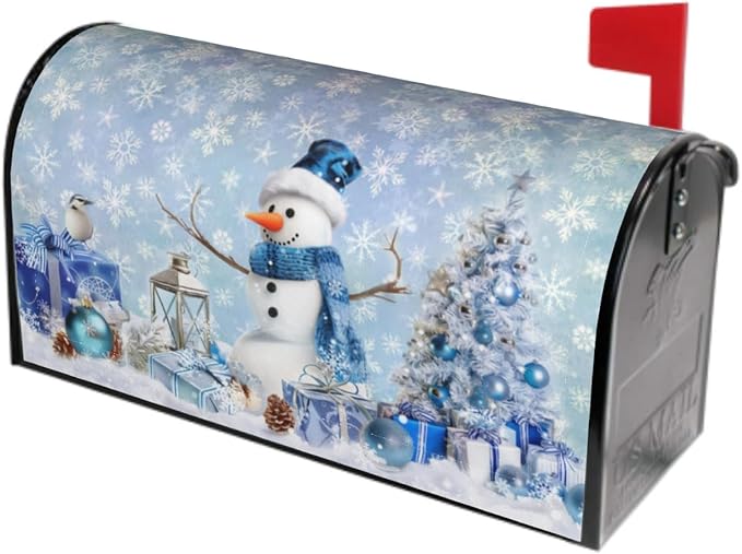 Winter Snowman Mailbox Cover Magnetic 25.5"x21" Oversize Blue Christmas Tree Balls Xmas Snowflakes Mailbox Wrap Post Cover Decor for Yard Garden Home Outdoor Holiday New Year