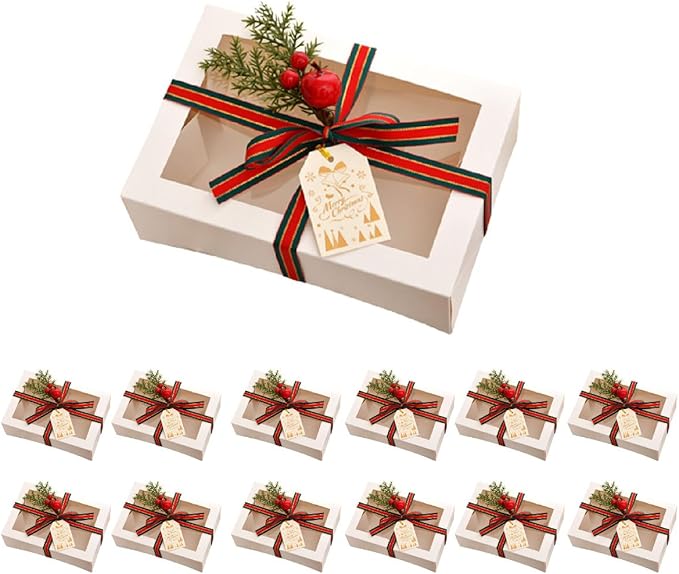 12 Pack Christmas Gift Boxes with Clear Window, Red Christmas Gift Boxes with Ribbon, Pine Sprigs & Berry Decorations for Holiday Wrapping, 8.7x5.9x2.8 Inch (white)