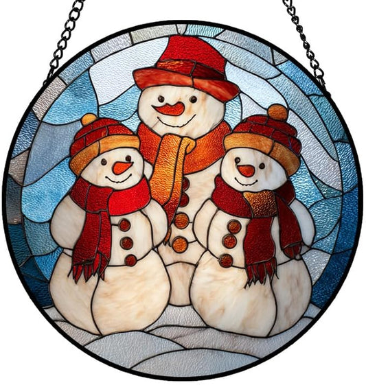 Stained Glass Window Hanging – 6.3 in Snowman Family Panel with Chain， Bathroom Front Door Living Room Garden Winter Holiday Decor， Gift for Mom Wife Lovers