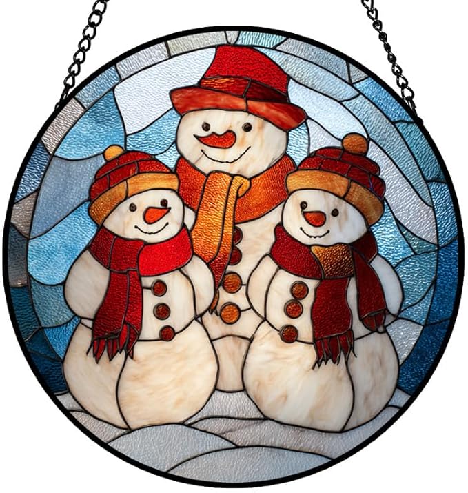 Stained Glass Window Hanging – 7.8 in Snowman Family Panel with Chain， Bathroom Front Door Living Room Garden Winter Holiday Decor， Gift for Mom Wife Lovers