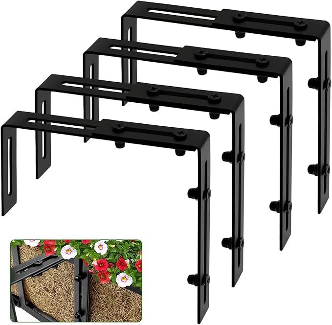 Halatool 4 Pack Window Box Brackets for Railing, Adjustable Heavy Duty Iron Window Flower Holder, Outdoor Sturdy Railing Planter Box Brackets for Fences, Balconies, and Gardens