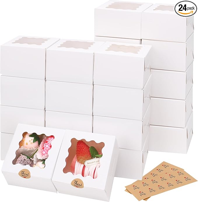Moretoes Bakery Boxes with Window, 24pcs 4x4x2.5 Inches Bakery Boxes with Stickers for Small Cookies, Treats, Desserts, Chocolate Covered Strawberries, Mini Cake