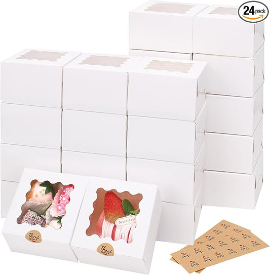 Moretoes Bakery Boxes with Window, 24pcs 4x4x2.5 Inches Bakery Boxes with Stickers for Small Cookies, Treats, Desserts, Chocolate Covered Strawberries, Mini Cake