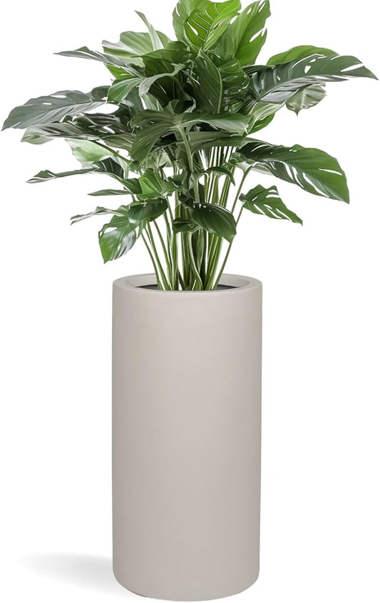 19.5"H x 9.8"D Tubo Fiberstone Cylinder Tall Planter, Christmas Tree Planter, Smooth Finishes, Weather Resistant for Indoor & Outdoor Use, Included 2 Extra Coco Mats (Taupe,8.2" Pot Opening)
