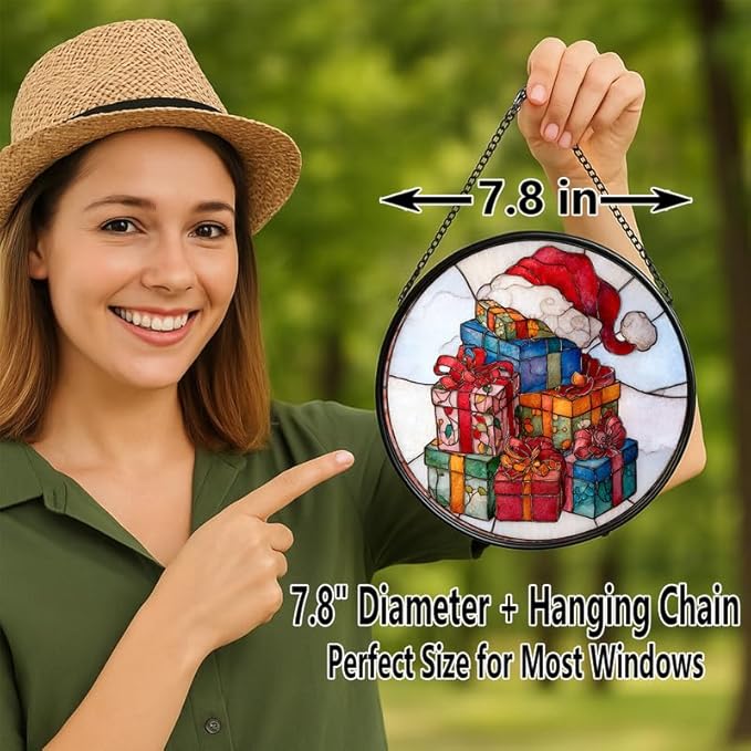 Stained Glass Window Hanging – 7.8 in Santa Hat Panel with Chain， Bathroom Front Door Living Room Garden Decor， Gift for Mom Wife Lovers
