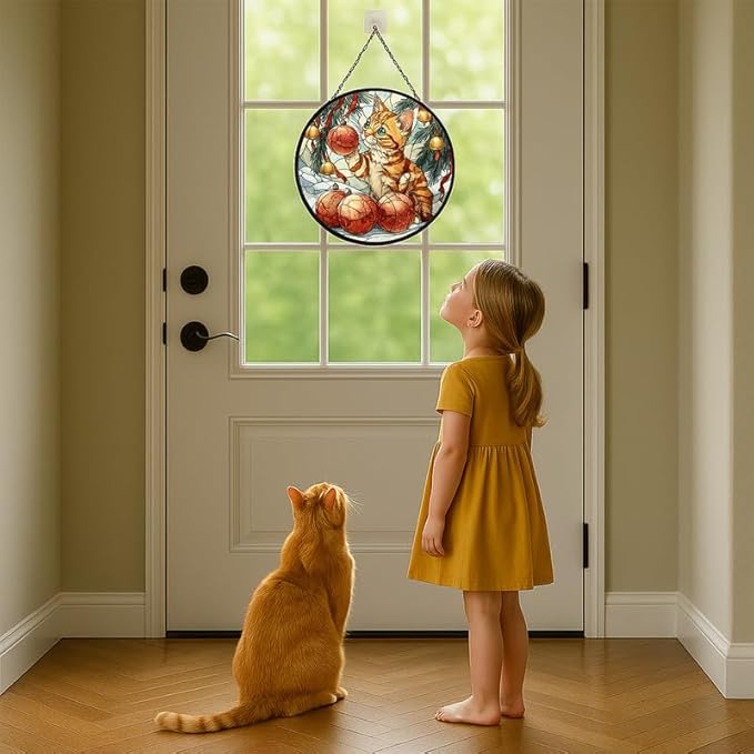 Stained Glass Window Hanging – 7.8 in Kitten with Christmas Ornaments Panel with Chain， Bathroom Front Door Living Room Garden Decor， Gift for Mom Wife Lovers