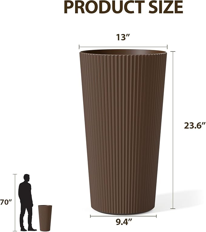 Tall Outdoor Planter Front Porch Decor Set of 2-23.6" H Tall Planters for Outdoor Plants with Drainage Hole, Round Conical Design Flower Pots for Indoor/Patio/Garden, Brown