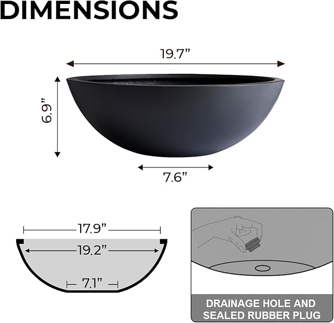 6.9"H x 19.7"D Round Bowl Fiberstone Planter for Succulent and Lotus, Christmas Tree Planter, Weather Resistant for Indoor & Outdoor Use, Included 2 Extra Coco Mats (Black,17.9" Pot Opening)