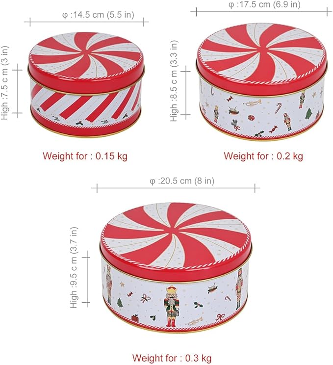 Christmas Cookie Tin Set of 3 Decorative Metal Storage Tin Boxes with Lids for Home Decor Memory Boxes for Keepsakes and Photos(WhiteRed)