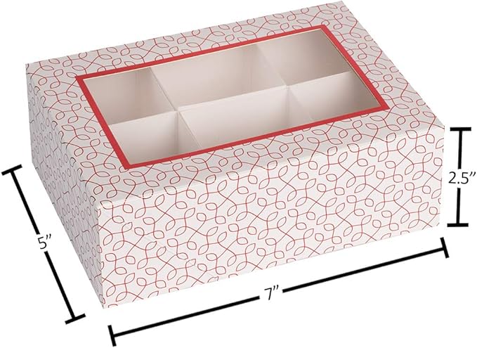 Hammont Window Box with Six Sections - 6 Pack - 7”x5”x2.5” - Red Colored Versatile Bakery Boxes Perfect for Sharing Snacks and Cookies | 6 Insert Sections Gift Boxes