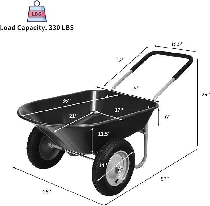IRONMAX Garden Dual-Wheel Wheelbarrow, Heavy Duty Utility Yard Cart w/ 2x14’’ All-Terrain Wheels & Built-in Stand, Wheel Barrow for Lawn, Yard, Farm, Gardening & Planting (Black)